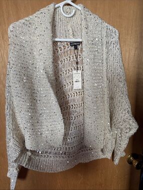 Express Cream Sequin Open-Knit Cardigan